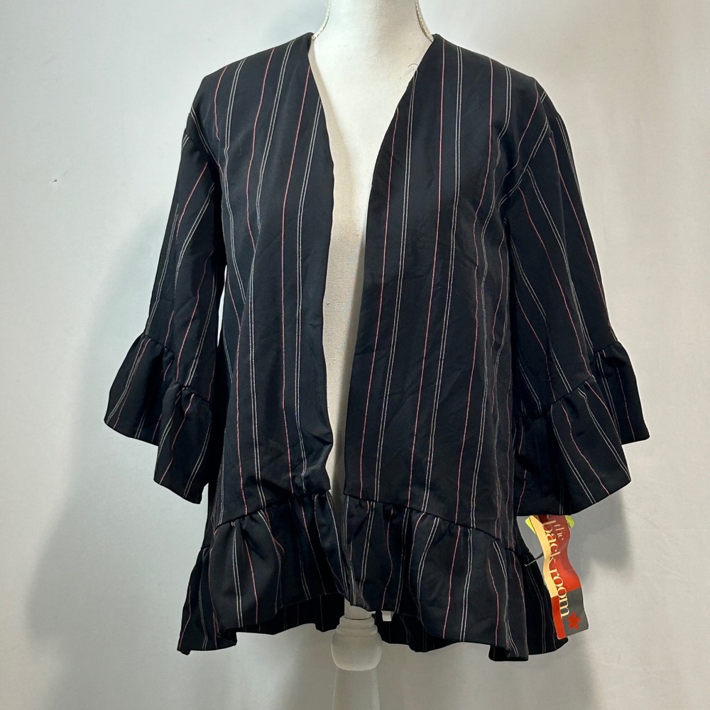 Walter The Back Room Black Pinstripe Ruffle Hem Sleeve Open Front Jacket S